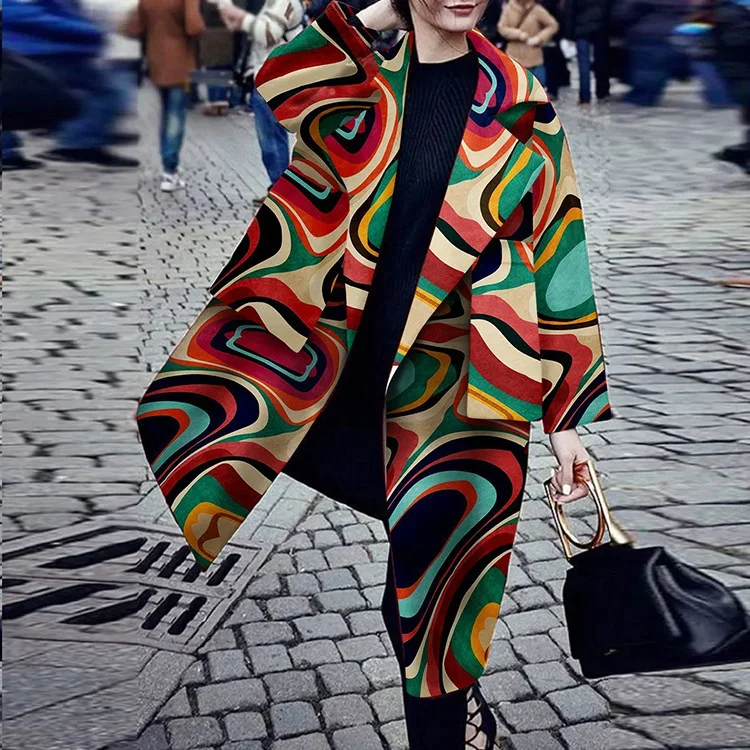 Женский длинный полушерстяной зимний Тренч, Осенний полиэстер с геометрическим принтом, длинные пальто размера плюс, дамские пальто размера плюс 3XL