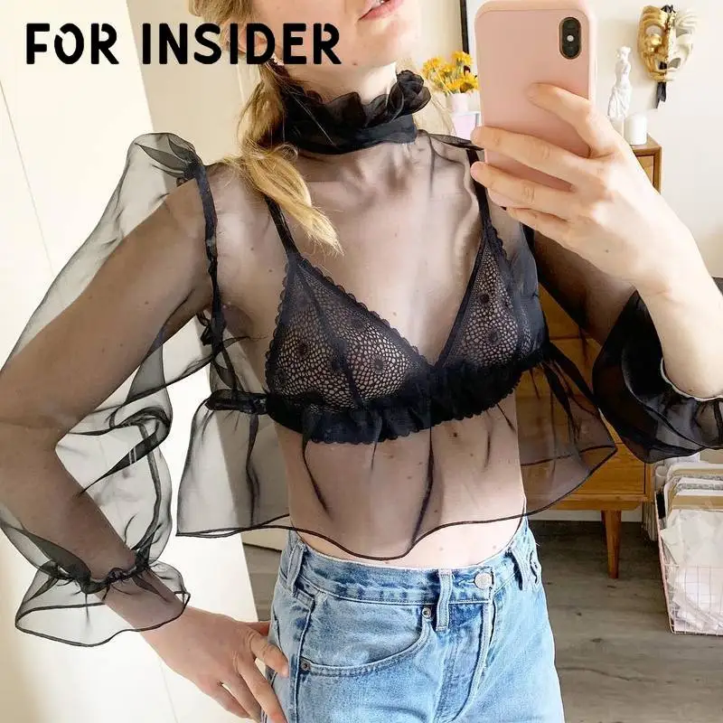 

See through mesh sexy blouses shirts women Puff sleeve ruffle peplum vintage blouse tops female Black pink lace crop top blusas