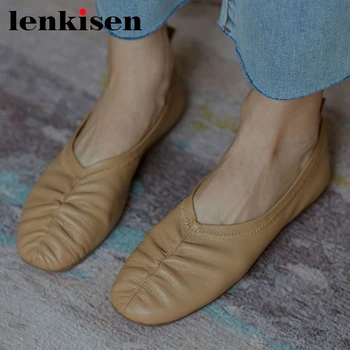 

Lenksien genuine leather high quality handmade soft cozy shoes young lady daily wear deep mouth slip on women summer flats L03