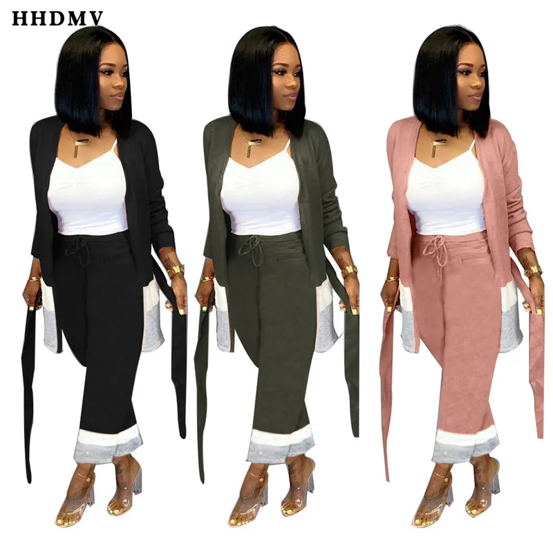 

HHDMV LSD8608 spring commuting sets long sleeve no buttons sashes decoration top elastic long pants pure color two piece sets