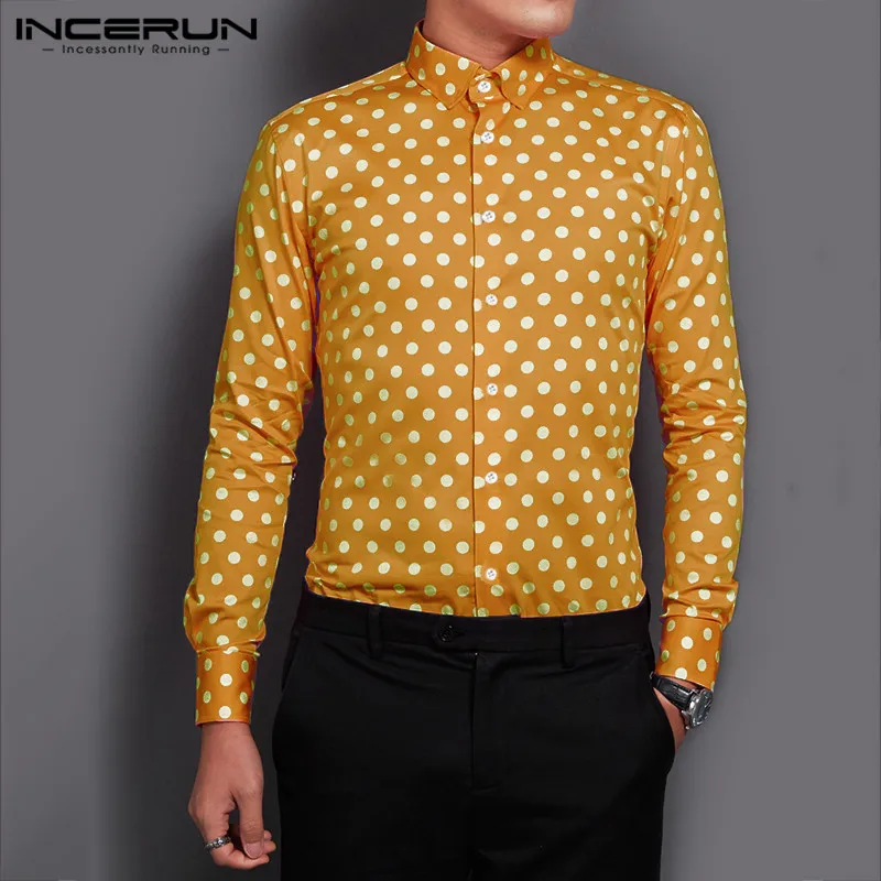 INCERUN/Осенняя рубашка в горошек для мужчин с длинным рукавом, шикарная модная рубашка с отворотом на пуговицах Camisa, Брендовые повседневные деловые мужские рубашки