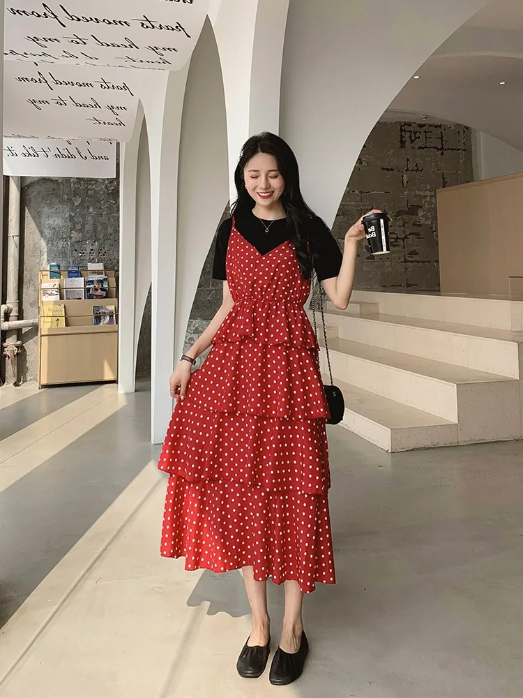 

Polka Dot Camisole Cake Dress Women's Spring And Summer V-neck Mid-length Korean-style Slimming A- line Fairy Full Body Dress