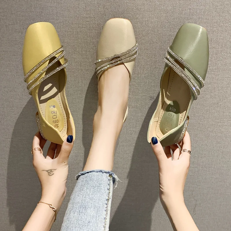 Summer Flat Sandals Women Shoes 2020 New Fashion Shallow Square Toe Slip-on Flats Ladies Thick Heel Off White Lazy Loafers Woman