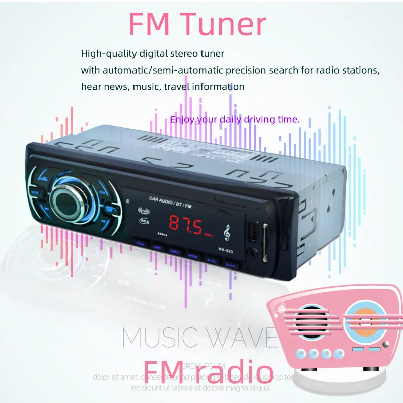 1 Din RK-523 автомобильный стерео аудио MP3 плеер для автомобиля FM функция DC12V Поддержка USB/SD/Card Reader Черный 4 колонки Bluetooth