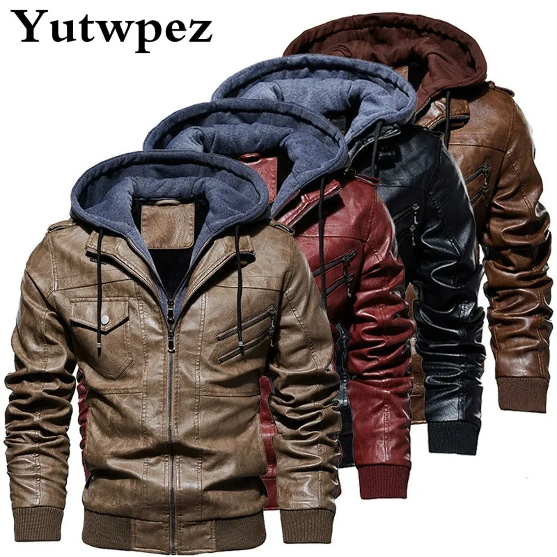 

Men's Hooded Leather Jacket Motorcycle Leather PU Baseball Biker Jacket Coat Autumn Winter Outwear Windbreaker Male PU Jackets