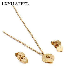 

316L Stainless Steel Key Heart Necklaces Earrings Sets Roman Numerals Women Jewelry Sets
