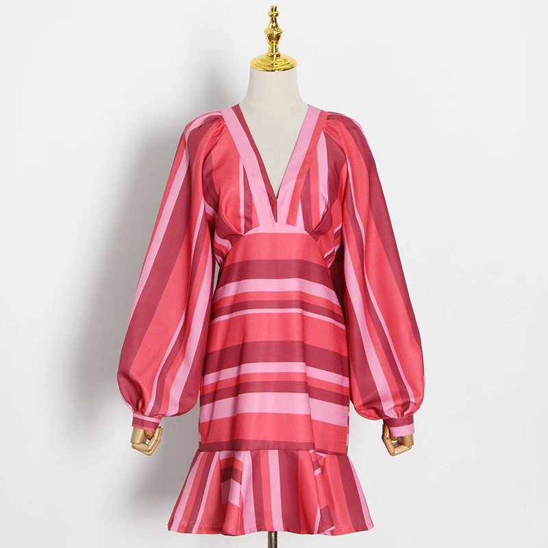 

High Waist Vintage Dresses For Female V Neck Lantern Sleeve Women Striped Elegant Dress Autumn New Fashion