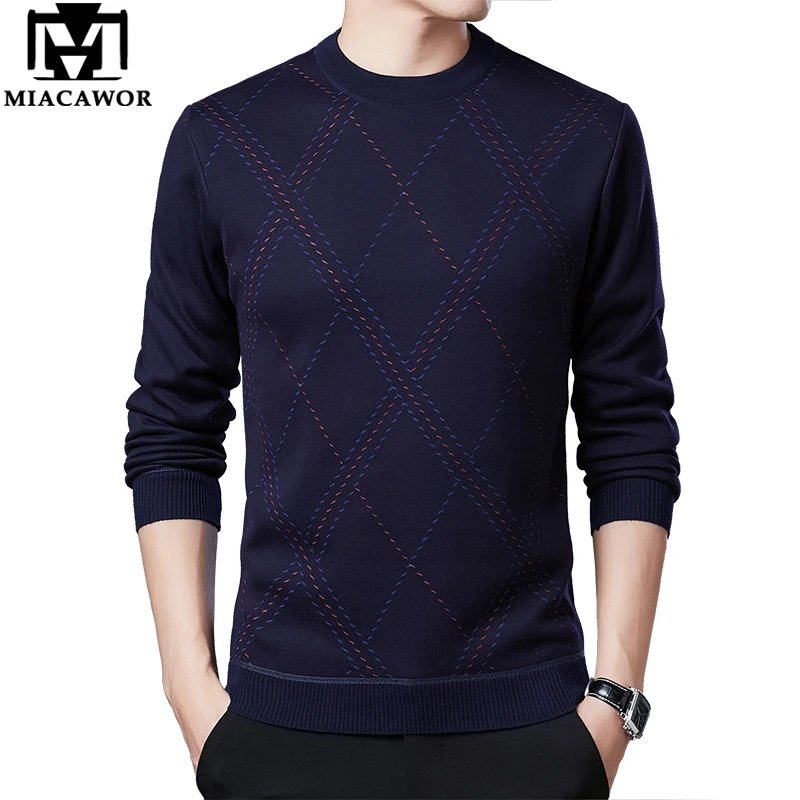 

MIACAWOR New Brand Sweater Men Winter Fleece Warm Pullover Male Casual Plaid Knitted Jersey Men O-Neck Sueter Hombre Y228