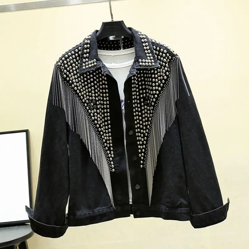 Autumn Streetwear Jeans Coat Solid Rivet Tassel Short Denim Jacket Women Loose Black Jacket Jacket
