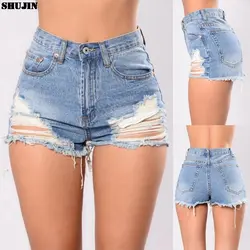 SHUJIN 2019 летние джинсовые шорты женские с высокой талией дырявые рваные шорты модные повседневные тонкие джинсовые шорты больших размеров