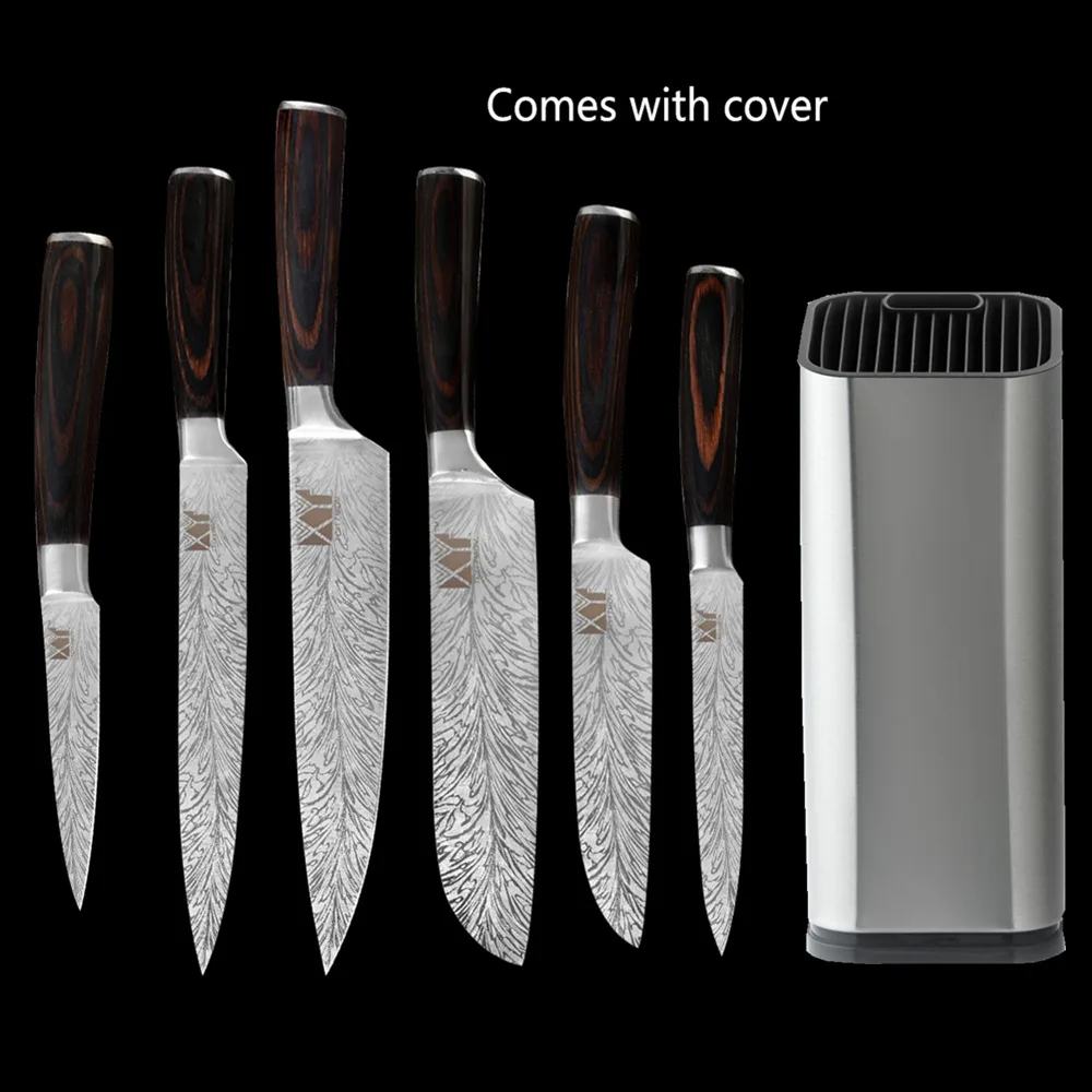 

XYj 6/7/8PCS Stainless Steel Knife Set Laser Damascus Pattern Chef Slicing Bread Santoku Nakiri Utility Paring Knives Holder Set