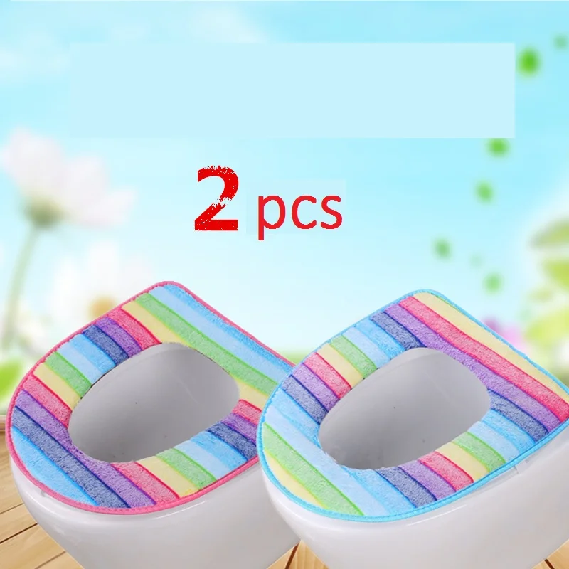A pink blue 2pcs Радужные полосатые Чехлы для сиденья унитаза на молнии для туалета зимние теплые подушки Универсальный Размер удобный коврик для унитаза - Цвет: A pink blue 2pcs