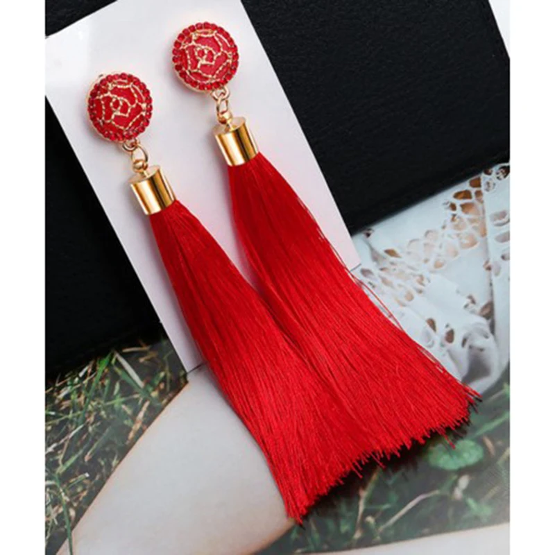 

Fashion Bohemian Tassel Crystal Long Earrings White Blue Silk Fabric Drop Dangle Tassel Earrings For Women 2019 Jewelry