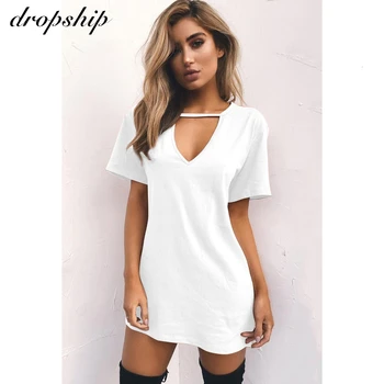 

Women Tshirt Dress 2019 Choker V-neck Summer Dresses Short Sleeve Casual Sexy Mini Loose Party Beach Dress Vestidos Plus Size