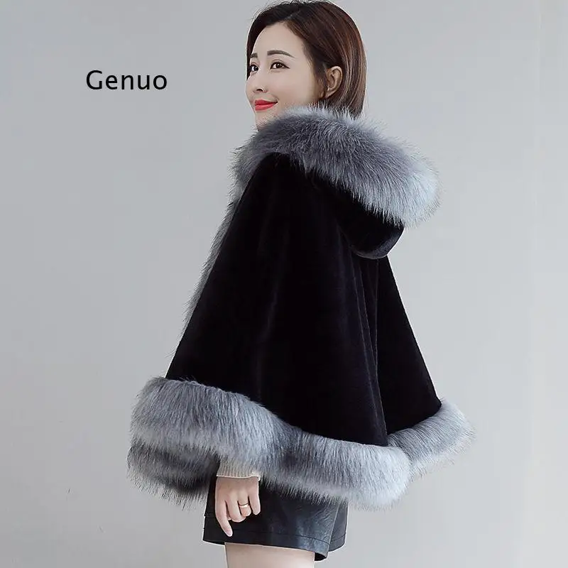 

Women Coat Fur Shawl Female New Winter Rabbit Fur Imitation Fox Fur Mink Fur Coat Cloak with Fox Fur Collar Thick Warm Fur Warm