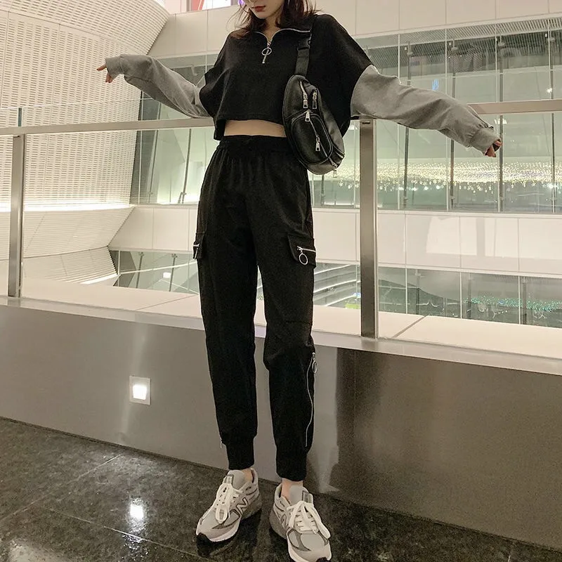 

Black Cargo Pants Women Plus Size Harajuku Patchwork Zipper Pockets Gothic Pants Elastic Wasit Sweatpants Female Trousers