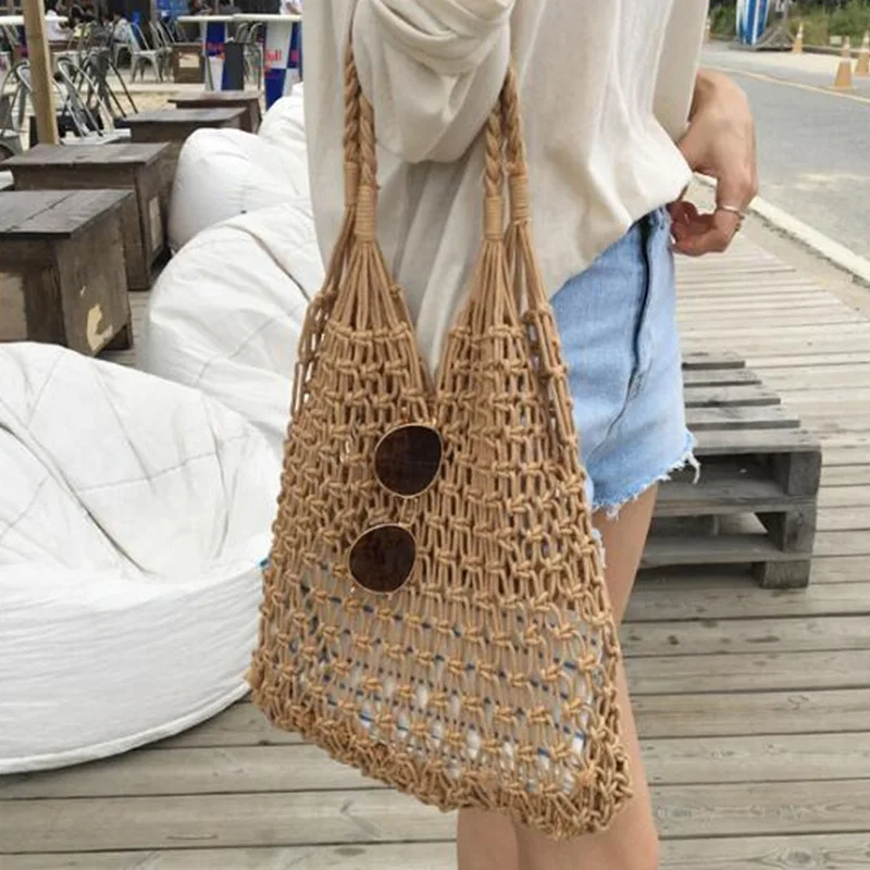 

Summer Hollow Out Women's Shoulder Bag with Inner Bag Korean Version Weave Handbag for Ladies New Female Fishing Net Beach Bag