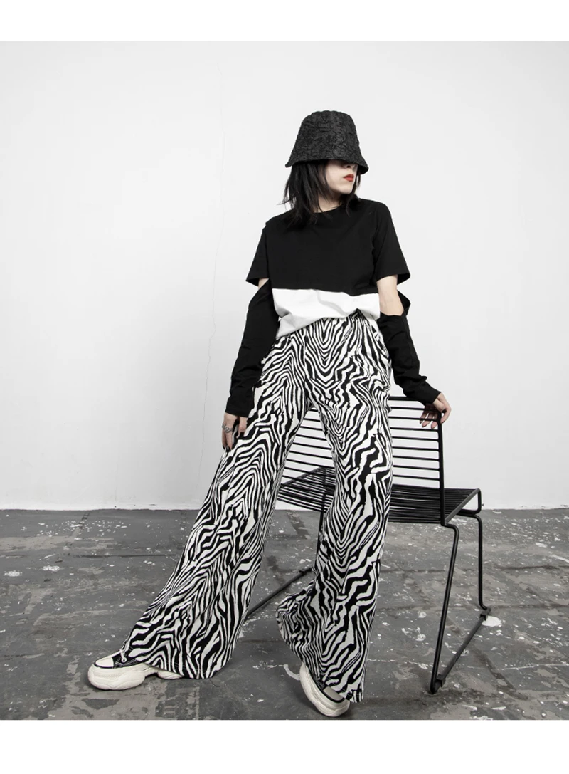 [EAM] High Elastic Waist Zebra Pattern Long Wide Leg Trousers New Loose Fit Pants Women Fashion Tide Spring Autumn 2020 1Z932