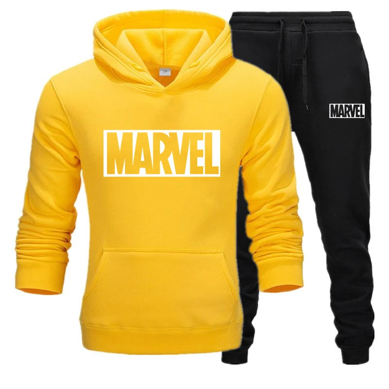 yellow black sets Осенний брендовый мужской спортивный костюм с длинным рукавом, спортивный костюм с надписью MARVEL, модные мужские толстовки с капюшоном+ штаны, комплекты повседневной спортивной одежды - Цвет: yellow black sets