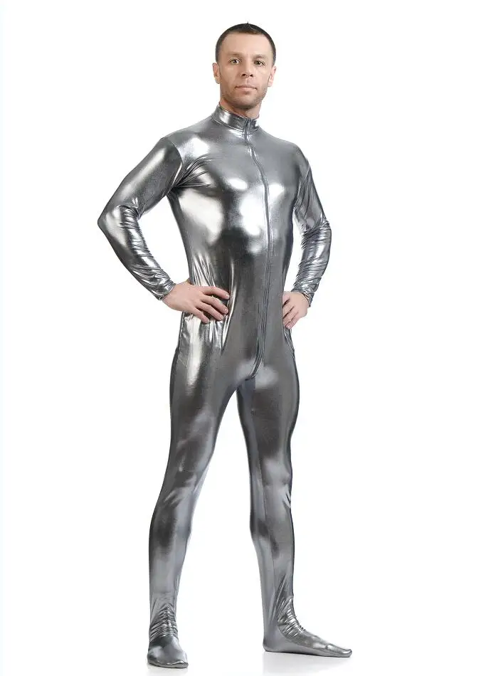 Men Latex Suit Black Shiny Metallic Tights Gold Zentai Suit Full Body Unitard Skin Bodysuit Zipper Front catsuit cosplay costume adult unitard latex lingerie mens bondage lingerie