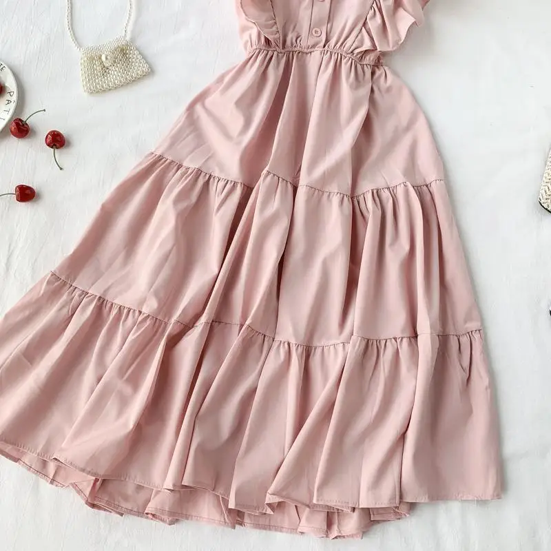 Elegant Women Midi Dress Fashion Summer Button A Line Sleeveless Ruffles Button High Waist Female Beach Vestidos New