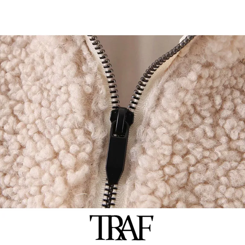 TRAF Women Vintage Stylish Thick Warm Winter Faux Fur Cropped Jacket Coat Fashion Long Sleeve Pockets Female Outerwear Chic Tops