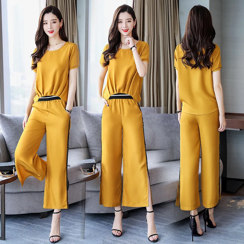 

Solid Color Crew Neck Summer 2019 Short Sleeve Waist Hugging Simple Versatile Loose Pants Two-Piece Set