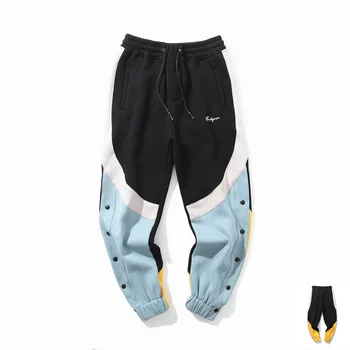 

Sweatpants Patchwork Men Pants Elastic Waist Drawstring Side Button Casual Pants Soft Comfortable Hip Hop Streetwear SA-8