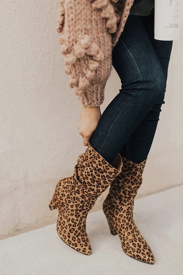 

Puimentiua Autumn Winter Boots Women Female pointed Toe Mid-calf Princess Sweet Boot Stylish Med-Heels Flock Shoes Snow Boots