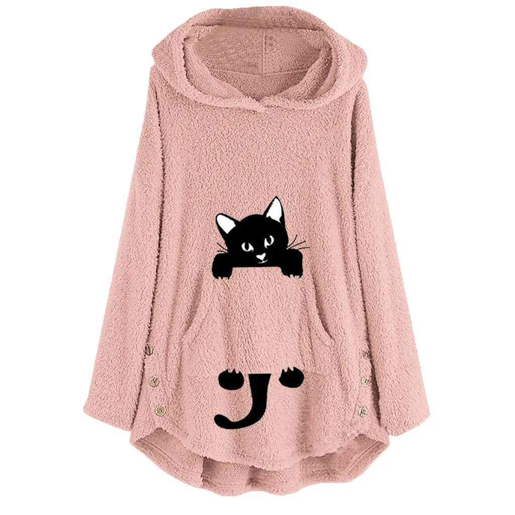 Womens Winter Plush Coat Fleece Cat Embroidery Warm Hoodie Top Plus Size Button Lady Pocket Outwear Long Pullover Womens Warm - Цвет: Pink