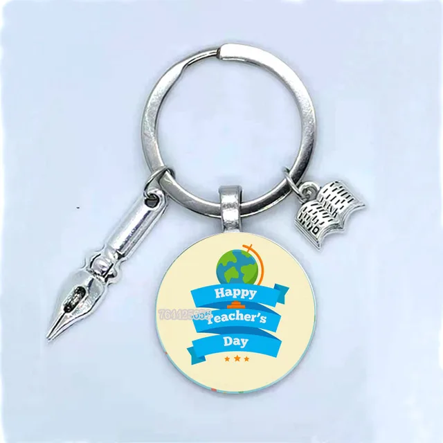 Fashion New Dear Teacher Round Glass Keychain Handmade DIY Book Pen Decoration Pendant Keychain Teacher'S Day Gift Souvenir 7