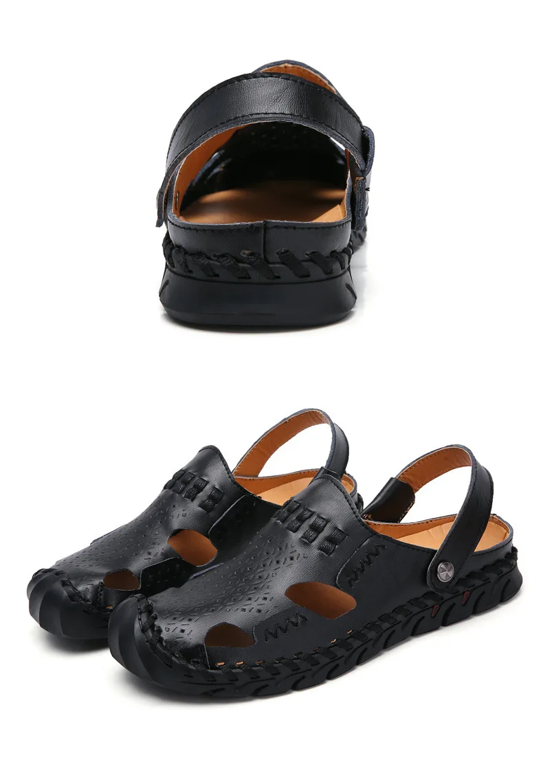 CEVABLUE Large Cow Leather Rubber shoes Summer Men's Sandals Real Leather Bag Head Outdoor Man Large size Casual CLK-BK926