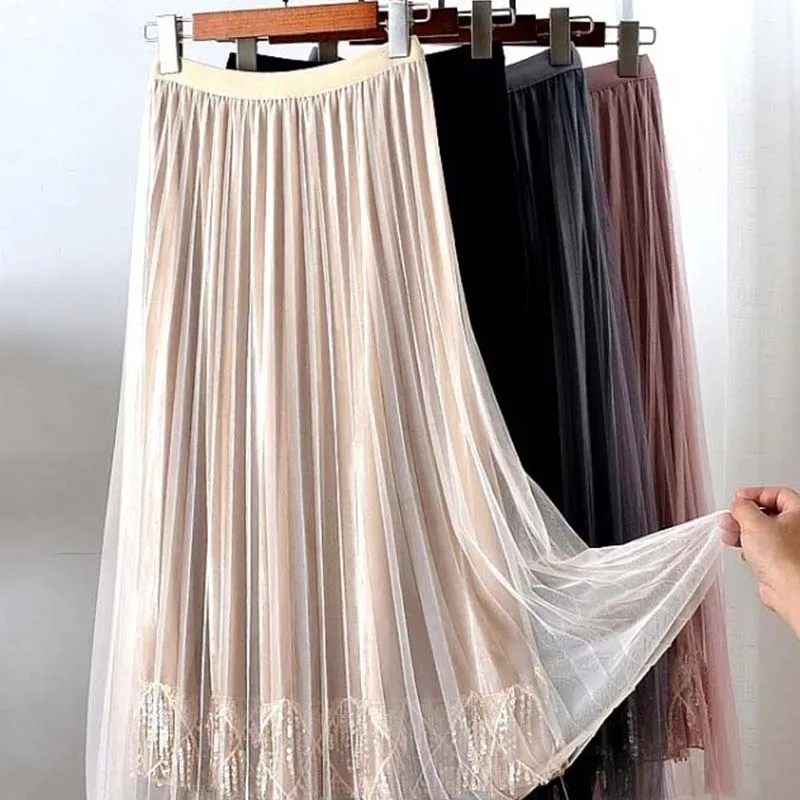 Gold Velvet High Waist Pleated Skirt Mesh Tulle Lace Stitching Sequin Bead Plus Size Two-tiered black Long Skirts women Clothes