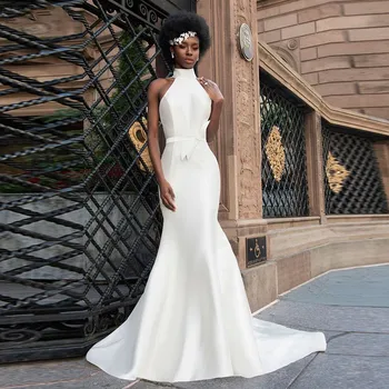 

Simple African Mermaid Wedding Dresses 2021 Beach High Neck Backless Satin Bride Gowns Customized Robe De Mariee