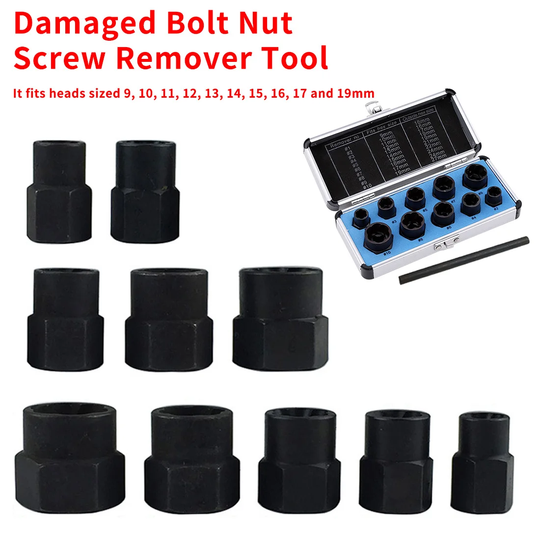 

Bolt Extractor 10pcs 9-19mm Damaged Bolt Nut Screw Remover Extractor Removal Set Nut Removal Socket Tool Threading With Box