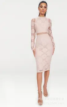 

BGW 31628ht Lace Cut Out Cocktail Dresses High Neck Long Sleeves Knee Length Three Colors Robe De Cocktail Longue 2020