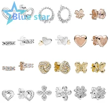 Bule Star 100% 925 Sterling Silver Sparkling Love Knot Four-Leaf Clover and Ladybug Sparkling Elegance Stud Earrings