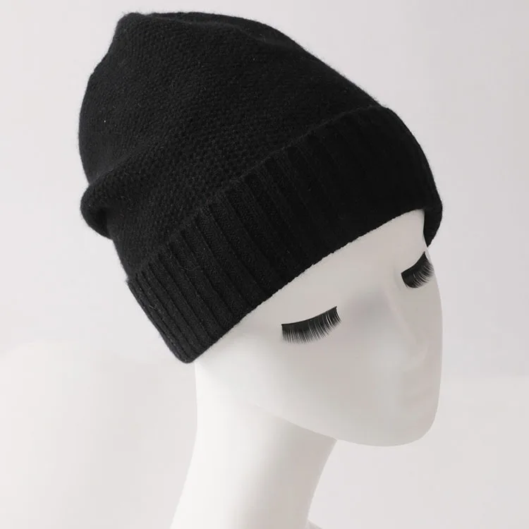 Вязаные кашемировые шапки-бини от CAVME, унисекс, повседневная шапка, зимние теплые шапки из чистого кашемира, одноцветные зимние подарки, 60 г, свободный размер - Цвет: Black