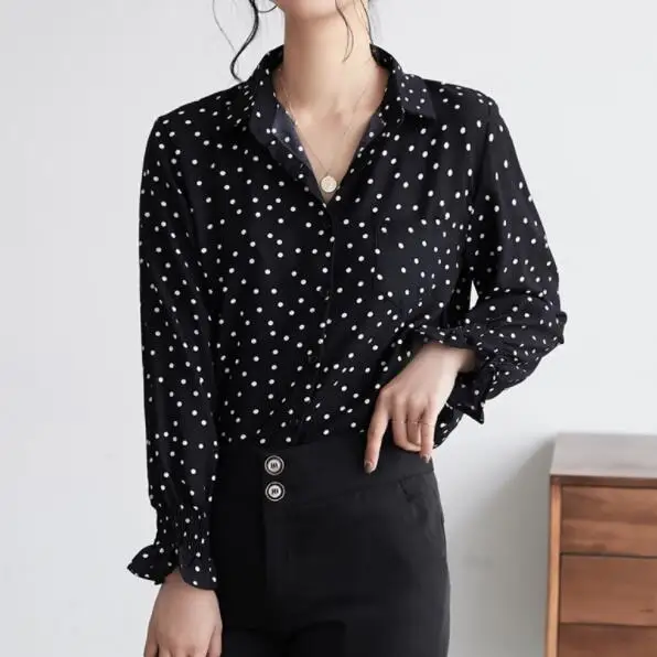 women blouses 2019 dot chiffon blouse shirt long sleeve women shirts turn down collar office blouse women tops DV857
