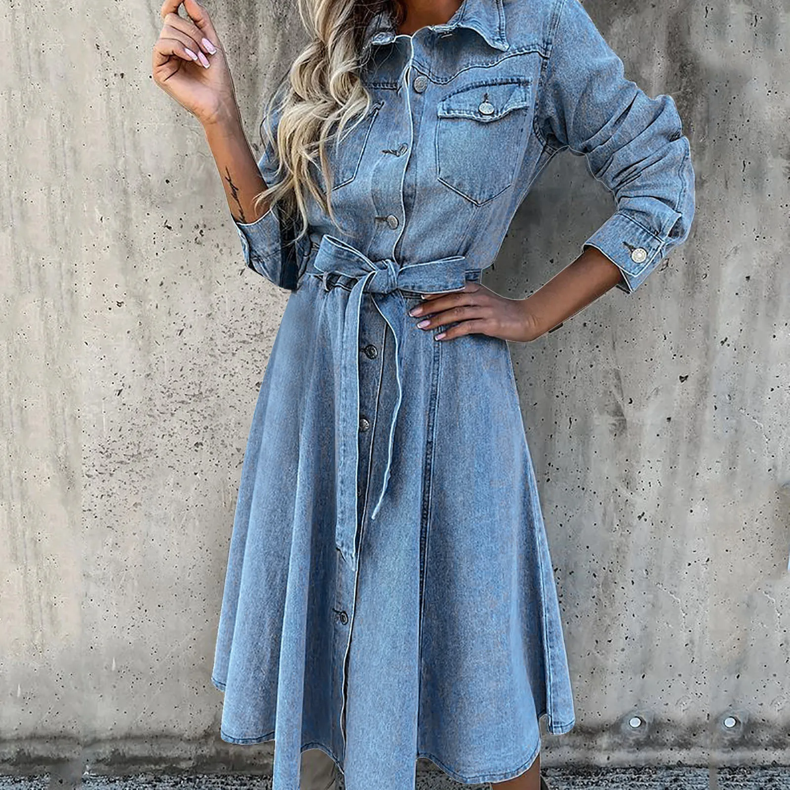 Women Summer Denim Dress Retro Long Sleeve Turn Down Collar Pockets Button Loose Fit Vestido De Mujer | Женская одежда