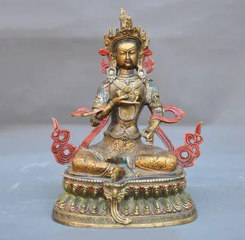 

wedding decoration 8" Tibetan Buddhism bronze Gilt-silver green Tara Kwan-Yin goddess Buddha statue