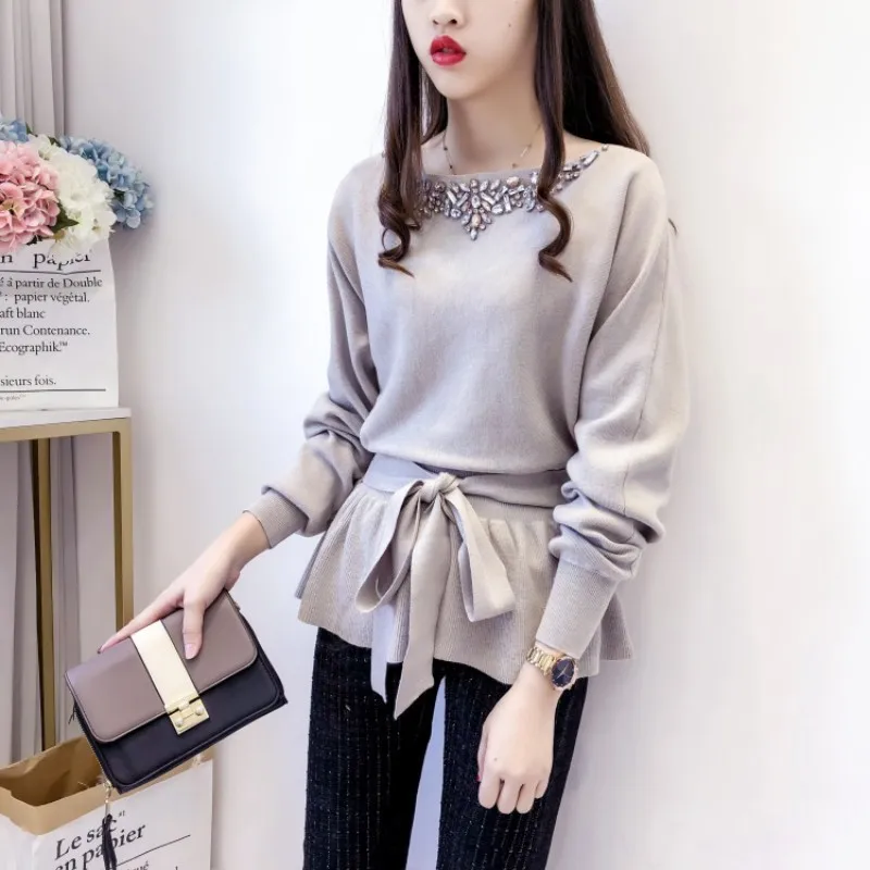 Дамская мода длинный рукав шнурок на талии женские вязаные пуловеры Осень-зима