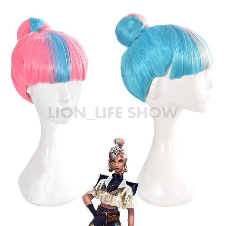 LoL Qiyana Cosplay Wig True Damage Blue Mixed Pink Wigs with Bun Heat Resistant Synthetic Hair+Free Cap | Тематическая одежда и
