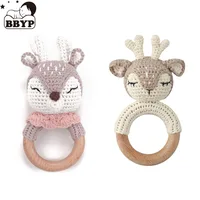 Handmade Baby Wooden Teether DIY Crochet Deer ELK Rattle Newborn Rodent Teething Ring Mobile Gym Educational Toys for Kids 1
