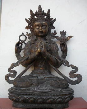 

shitou 003277 28.5"Tibet bronze four armed Kwan Yin Chenrezig Dragon Bodhisattva Buddha Statue