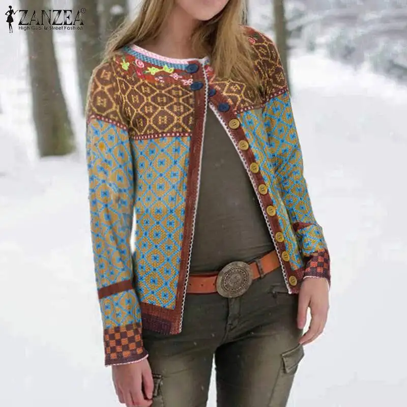 wonderful ZANZEA Women's Patchwork Cardigans Pull Femme Jackets Ethnic Print Coats Single Button Overcoat Fem
