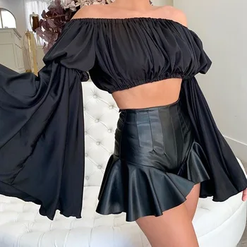 

Black PU Skirts Women Fashion Faux PU Leather Skirt Women Elegant Pleated Mini Skirts Female Ladies Streetwear Skirts Short