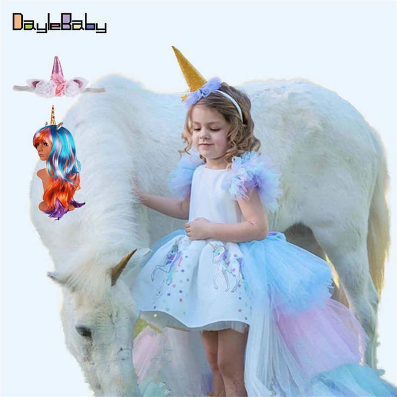 Платье-пачка для девочек в цветочек с единорогом и радугой; сказочное платье принцессы на день рождения; платье с подвижным шлейфом для девочек «My Fancy Little Pony» - Цвет: A