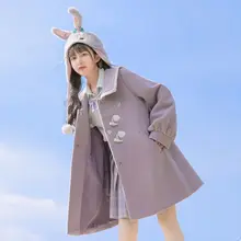 

Cute Rabbit Ears Woolen Coat Women Japanese Navy Collar Horn Buckle Long Wool Coats Female Korean Loose Autumn Winter Jackets