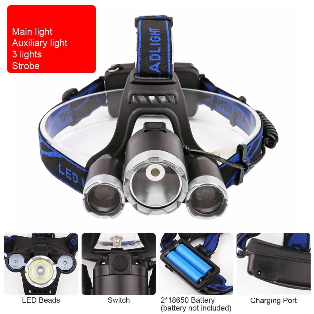 

Dimmable 1*T6+2*XPE LED Headlamp Torch Flashlight Headlight Waterproof Head Light Camping Hiking Fishing Mining Light Lamp Torch